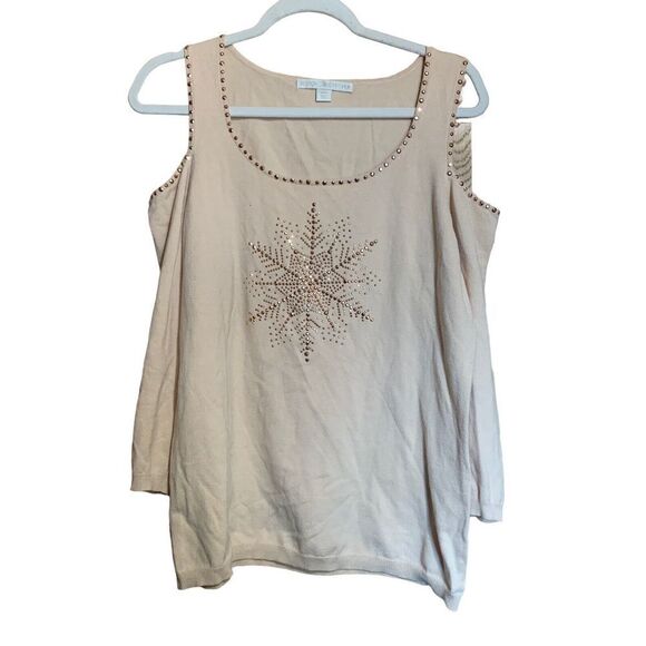 Boston Proper Womens Size Large Beige Embellished Cold Shoulder Sweater Top - Picture 1 of 7